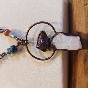 Rose Quartz And Amethyst Crystal Pendant, Beaded Copper Necklace